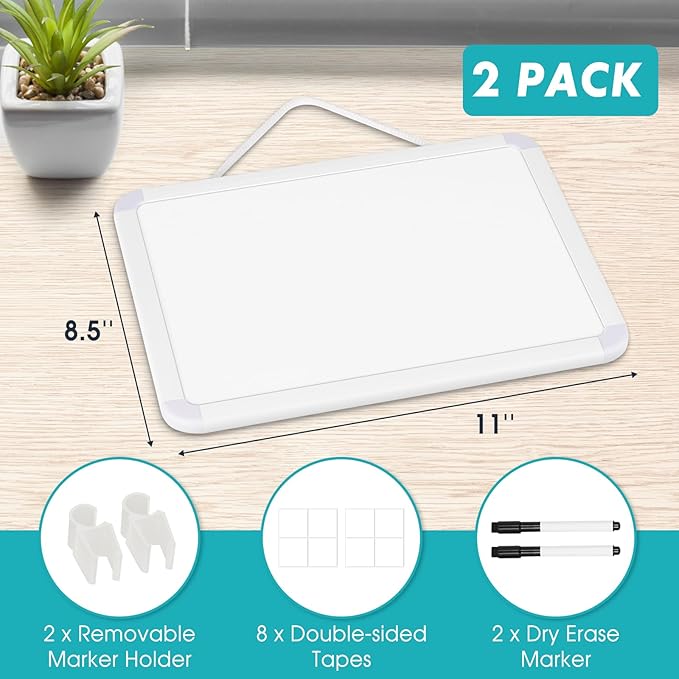 WALGLASS 2 Pack Small Dry Erase Whiteboard, 8.5 x 11 Inches Double-Sided White Board for Wall, Students, Fridge, Locker, Portable Mini White Board, Hang or Stick Whiteboard for Home, School, Office