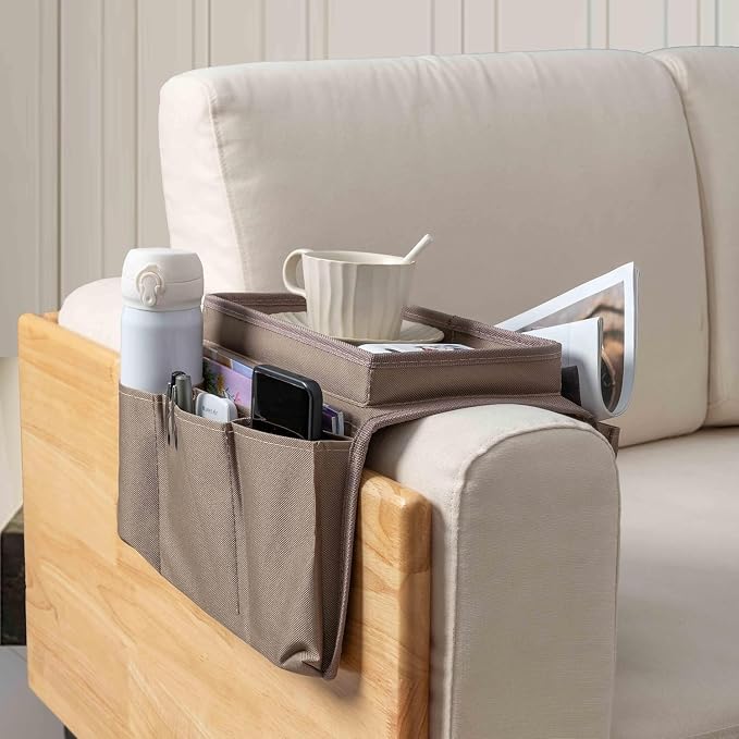 Sofa Armrest Organizer with Cup Holder No-Slip Couch Sofa Armrest Organiser Couch Remote Caddy Control Holder with 1 Large Pockets and 3 Small Pockets for Smart Phone Magazines Ipad Drinks