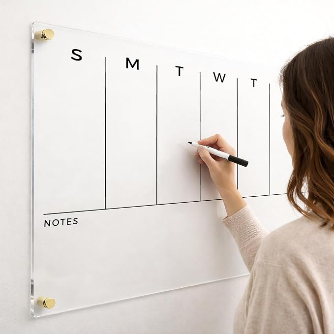 Weekly Acrylic Dry Erase Wall Calendar - To Do List & Goals Planner, Reusable Family Organizer, Office Schedule, Housewarming Gift (Gold Standoff, 18"x14")