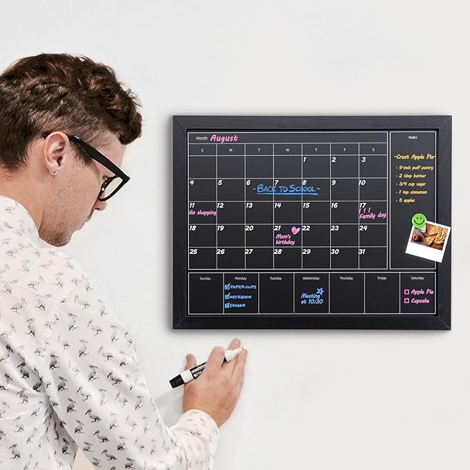 3-in-1 Chalkboard Calendar for Wall, 17x13 inches Magnetic Monthly & Weekly Calendar, Blackboard for Wall with Black Wood Frame, Hanging Chalkboard for Decor/Memo(YL+ZL-HB-BK,4333)