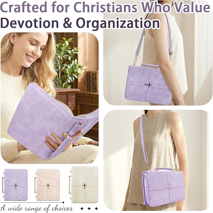 Classic Leather Bible Cover Case with Cross Design and Handle & Shoulder Strap for Women, Durable Bible Study Supplies Organizer Carrying Bag, Christmas Gifts for Christians with Gift Box（Purple