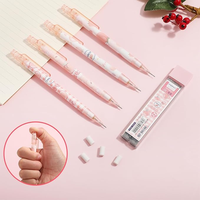 Mabor Pink Mechanical Pencils Set, 4pcs Cute Mechanical Pencils with A Tube of 0.5MM Pencil Refills & Top Erasers Aesthetic School Supplies Back to School Gift