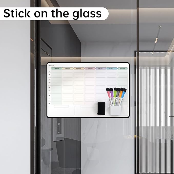 Weekly Dry Erase Calendar with time,self Adhesive Stick on Non-Magnetic Stainless Fridge & Glass & Wall & Wooden (Any Smooth Surface) Schedule Board,to Do List 16.5”(W) × 11”(D)