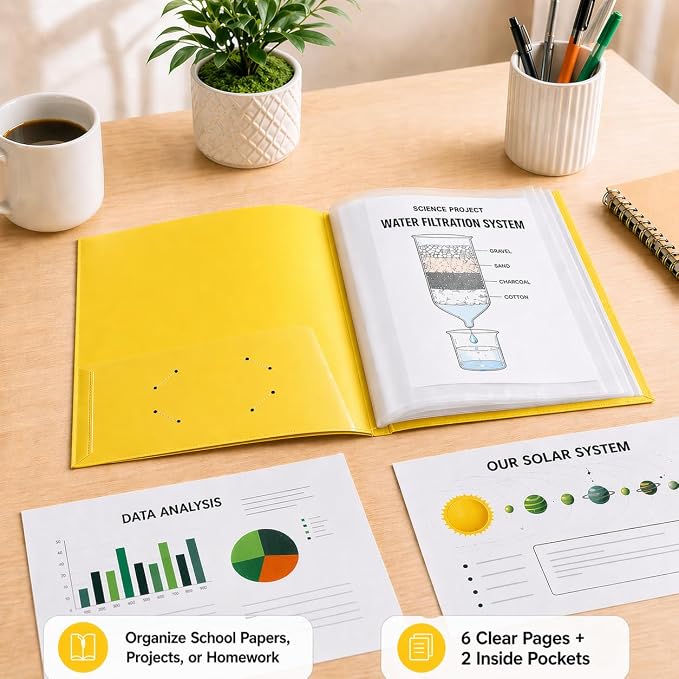 Ultra PRO - 50 Pack Yellow Heavy Duty 2-Pocket Folders with 6 Clear Internal Pages, Waterproof Poly Project Organizer for School and Office, Fits 8.5 x 11 Letter Size, Customizable Clear Covers