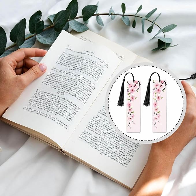 Cherry Blossom Bookmarks 5 Pcs with Tassels Pink Flowers Branch Romantic Spring Wooden Bookmarks for Reading Women Students Teacher Reader