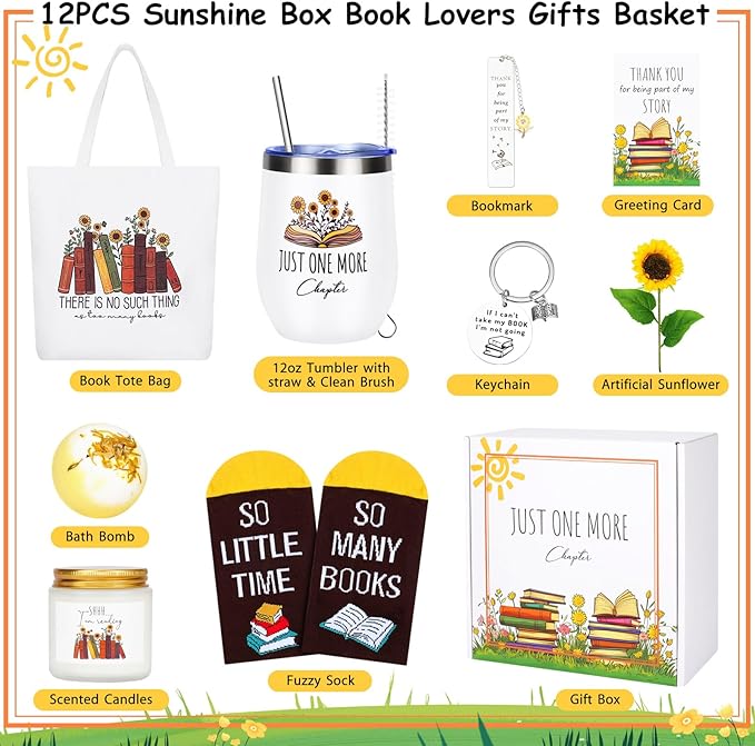 12PCS Gifts for Book Lovers-Book Lovers Gifts for Women, Bookish Gifts for Readers, Librarians, Bookworms, Mothers Day, Sunshine Box Birthday Gifts for Book Reading Lovers Book Themed Gifts for Women