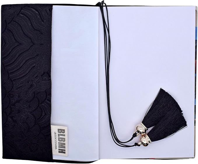 BLBMH 5x8 Book Cover | Handmade Non-Stretch Fabric Sleeve with Bookmark | for Paperback Bible Journal | Privacy Reading Gift for Women - Chinese Black