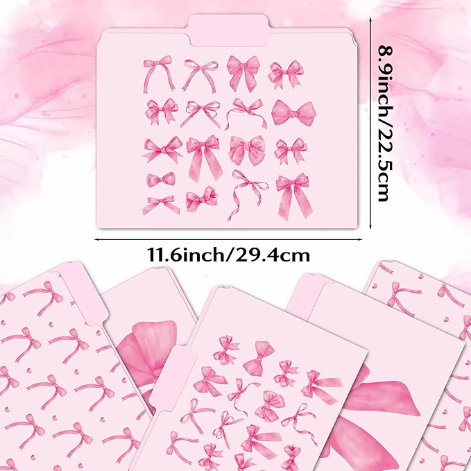 Xqumoi 12Pcs Coquette Pink Bow File Folders, Letter Size Bowknot Decorative File Pockets with 1/3 Cut Tab Pretty Colored Folders for Office Home Classroom Supplies Documents Paper, 8.9 x 11.6 Inch