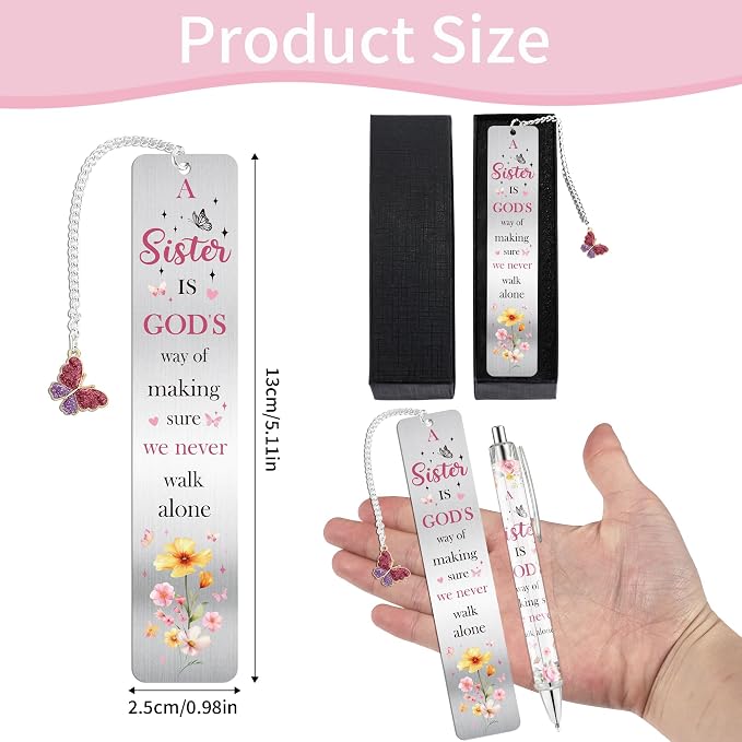 Sisters Gifts from Sister, Cute Pink Bookmark and Pen Gift Set, Floral Metal Book Mark with Butterfly Charm, Christian Gifts for Women Girls, Birthday Valentine Christmas Stocking Stuffer