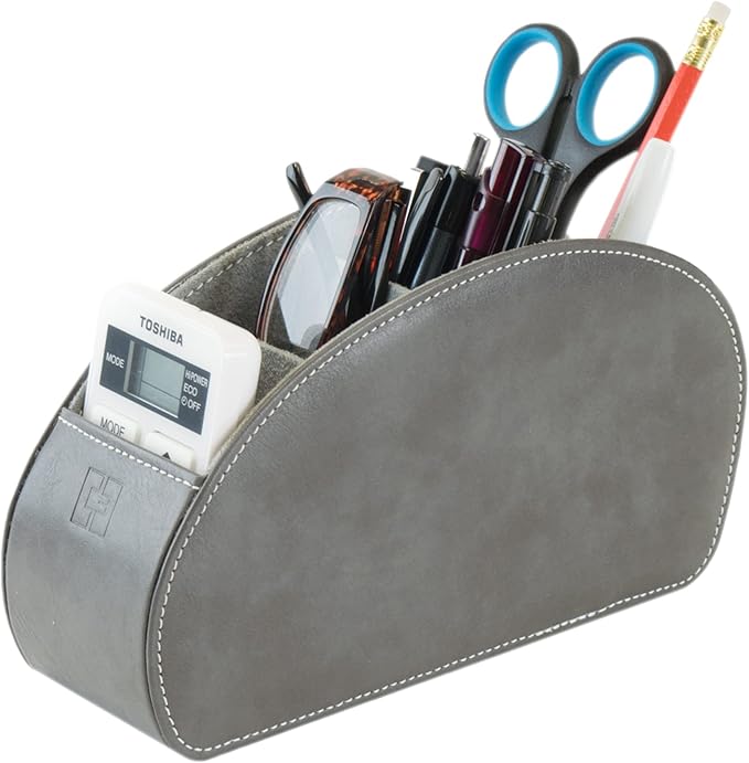 Remote Control Holder with 5 Compartments, Grey PU Leather Office Organization Storage Caddy Box for TV Remote, Heater Controllers, Media Player, Office Supplies, Makeup Brushes CEG10
