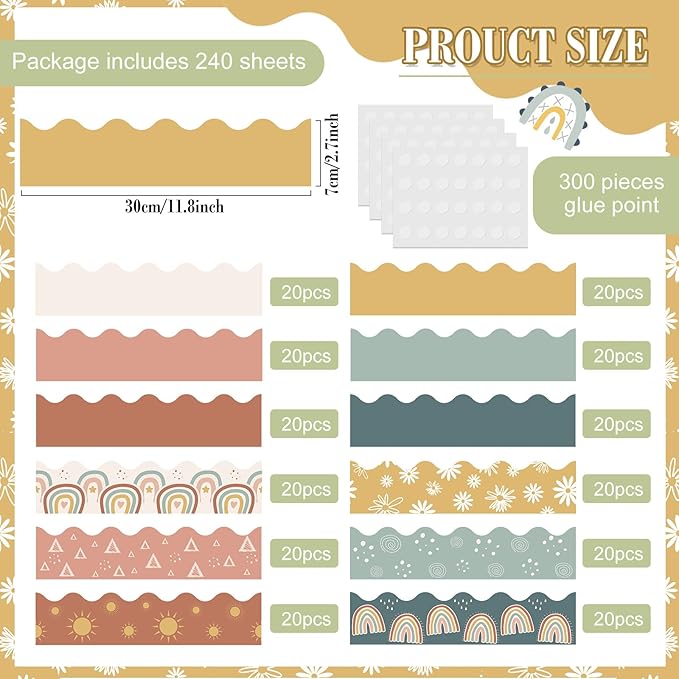 240 Pcs 236ft Holiday Bulletin Board Borders Colorful Rainbow Scalloped Border Trim Bulk Bulletin Decor for Classroom Back to School Decor(Brown Yellow Style)