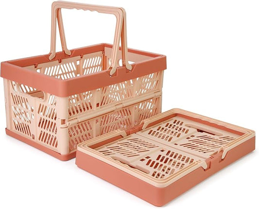 Domiella 2-Pack Foldable Storage Baskets, Collapsible PP Crates with Handles - 20L Capacity, Strong and Portable for Home Organization, Picnic and Shopping, Pink