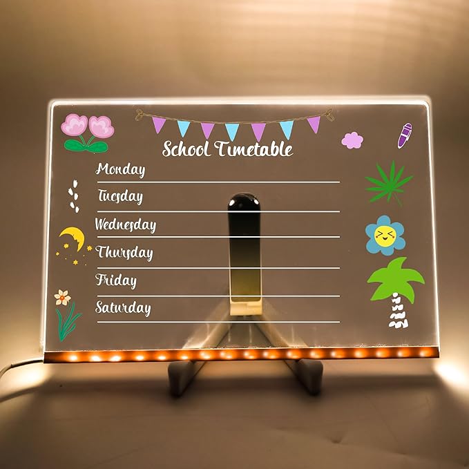 GraduationMall Acrylic Dry Erase Board with Light 11.8 X 7.9 LED Note Message Glass Board with Stand Kids Graduation Gifts for Office School Home
