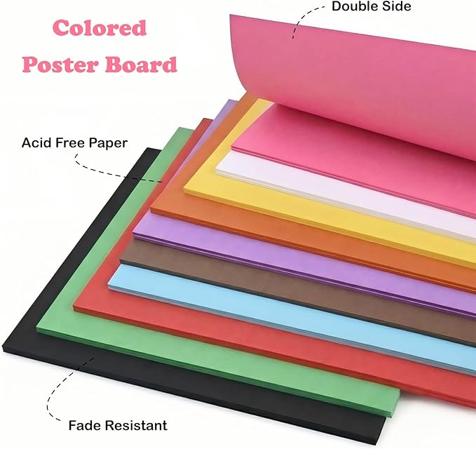 VinTS 50 Pcs Colored Poster Boards,11.7x16.5 Inches 10 Assorted Color Poster Board Paper 220g Bright Poster Board Bulk for Back to School Arts, Classroom Crafts, Exhibits and Notices