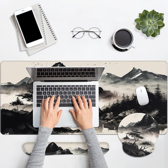 Britimes Black Ink Landscape Keyboard Mouse Pad Set 4in1 Large Mousepad+Keyboard Wrist Rest+Mouse Wrist Rest+Coaster Set with Ergonomic Design for Home Office Computer 35.4x15.7 inches