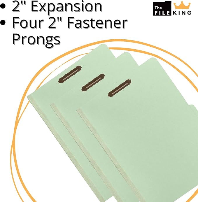 The File King One Divider Pale Green Pressboard Classification File Folder - Letter Size | Box of 10 | Top Tab | 2” Expansion | Four 2-Inch Durable Fastener Prongs | USA Made