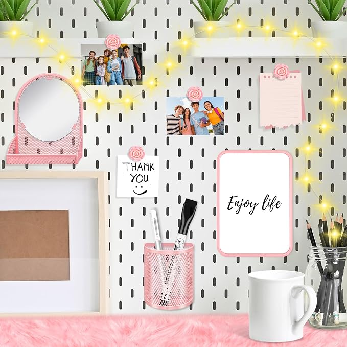 8 Pcs Locker Accessories Kit, Back to School Essentials, Pink Magnetic Mirror, Magnetic Pen Holders, Cute Flower Magnets, Pink Locker Decorations for School Locker Organizing Supplies