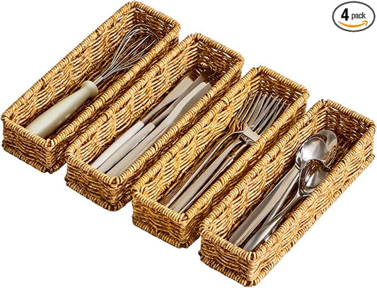 Berdeng Kitchen Drawer Organizer for Utensils, Silverware Tray Cutlery Organizer, PE Rattan Handwoven Storage Basket with Iron Frame, 2-Inch Fit for Shallow Drawers, 9.5" x 3" x 2" (Set of 4)