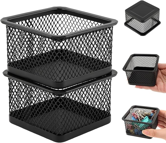 Paper Clip Holder, Stackable Mesh Desk Organizer, 4 Pack Black Metal Dispenser Organizer Box for Desk Office Binder Supplies & Small Accessories(Size:Square)