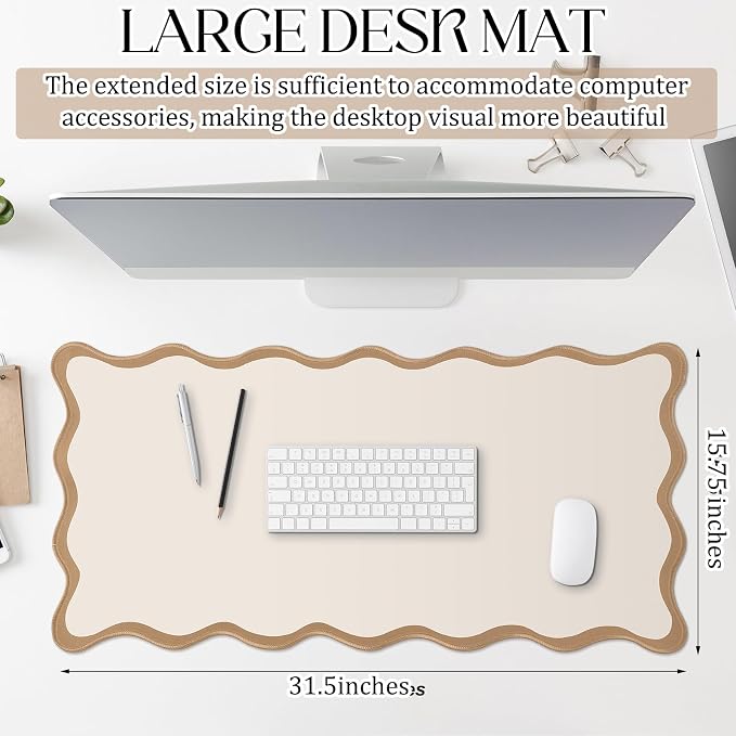 Hahafelt Scalloped Desk Mat Large Desk Pad Cute Coquette Table Mat Back to School Preppy Table Make up Pad Nonslip Graduation Gift with Stitching Waterproof Gaming(Beige,31.5 x 15.8 Inches)