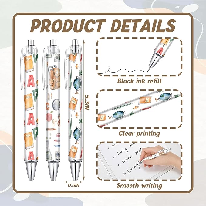 6PCS Back To School Pattern Pens Set, Reusable Writing Pens, Cute Accessories Items Stationary, Perfect for School, Office Supplies, Party Gifts, Theme Notebooks, Sticky Notes, Desk Decor