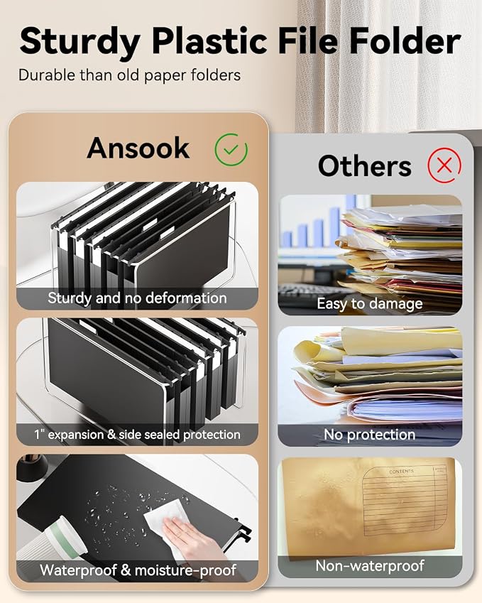 Ansook Plastic Legal Size Hanging File Folders,Reinforced 1" Expansion File Folder,12 Pack Accordion Folders,Heavy Duty File Cabinet Folder with 1/5 Insertable Tabs,Black Hanging Folders for Office