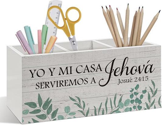 Christian Pen Pencil Holder, Christian Desk Accessories, Religious Gifts for Women Men, Josue 24:15 Bible Verse Wooden Pen Pencil Organizer for Home Office Desk Decor
