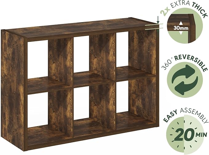 Furinno Cubicle Book Shelf, 6-Cube Bookshelf, Extra Thick Frame Horizontally & Vertically Reversible Bookcase with Open Back, 14.6" x 44" x 30", for Living Room, Bedroom, Home Office, Amber Pine