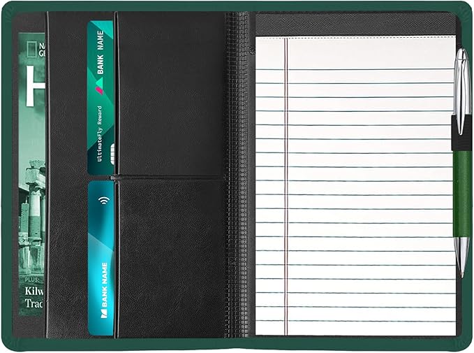 Padfolio Binder A5 Document Organizer with Refillable Lined Notepad, Junior Size Folder Portfolio for Men Women,Dark Green.