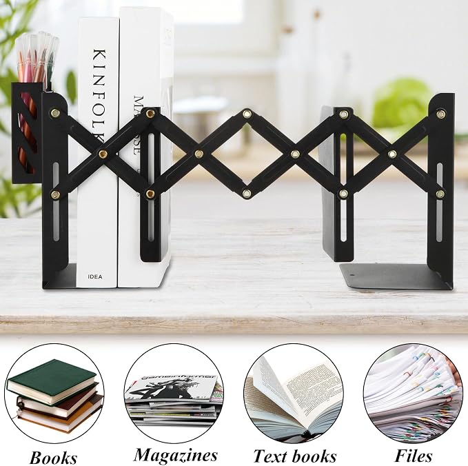 SHUESS 2 Pack Adjustable Bookends Expandable Metal Bookends for Heavy Books, 2 Dividers, Heavy Duty Book Ends to Hold Books with Pen Holder for Office, School, Bookstore, Home
