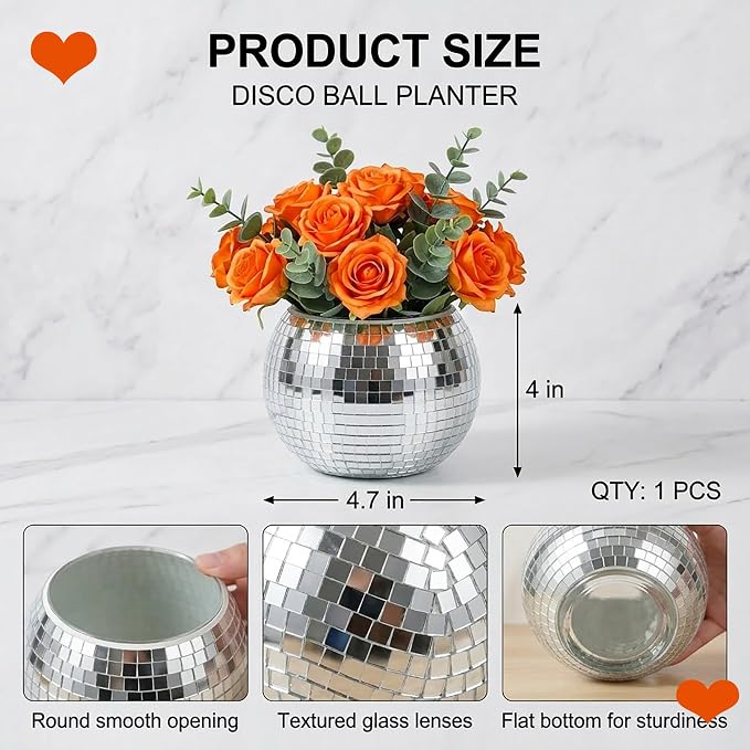 Disco Ball Pencil Holder for Desk - Cute Office Decor & Makeup Brush Organizer, 4.7 Inch Sparkly Glass Pen Cup, Fun Desk Accessories for Women (SILVER)