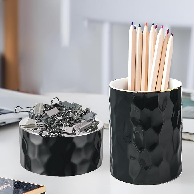 Aesthetic Desk Organizer Set of 2 For Your Office - Sturdy Concrete Desktop Accessories For Women or Men Enhance Any Office Decor - Set incl. Ceramic Black Pen Holder and Paper Clip Holder