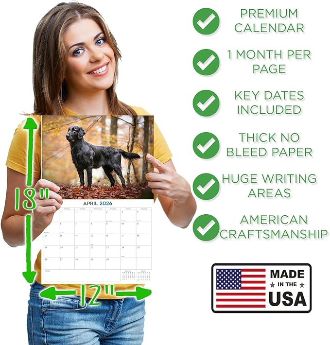 2025 2026 Flatcoated Retriever Calendar - Dog Breed Monthly Wall Calendar - 12" x 18" Open - Thick No-Bleed Paper - Giftable - Academic Teacher's Planner Calendar Organizing & Planning - Made in USA