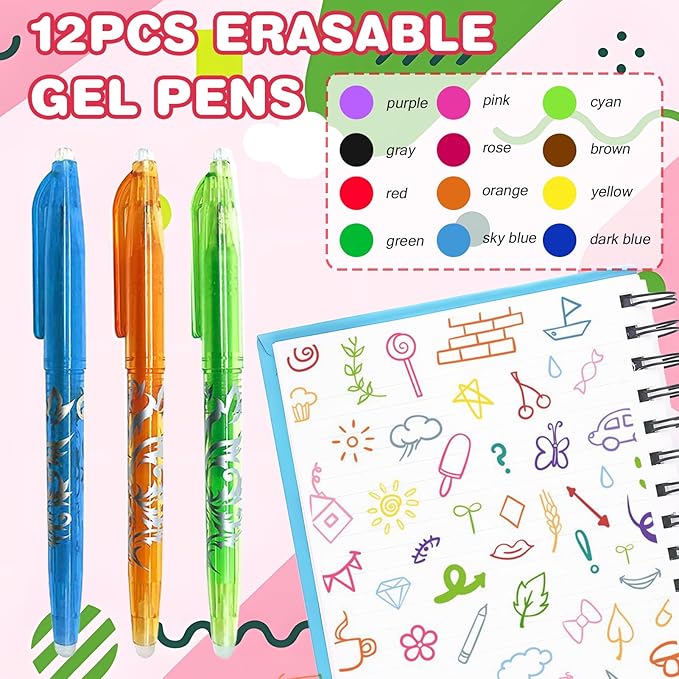 12pcs Erasable Pens Quick Dry Liquid Ink Gel Pen 0.5mm Ballpoint Pens Rollerball Efface Pens Stationery for Kids Students Adults School Office Supplies Gifts