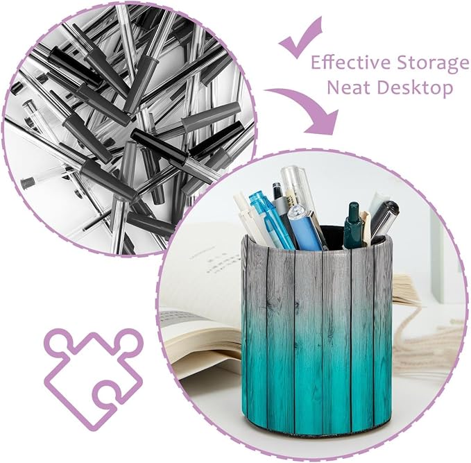Pen Pencil Holder for Desk, Teal Rustic Wood Panels Makeup Brush Holders Leather Pen Organizer Pencil Caddy for Office Home Art Supply