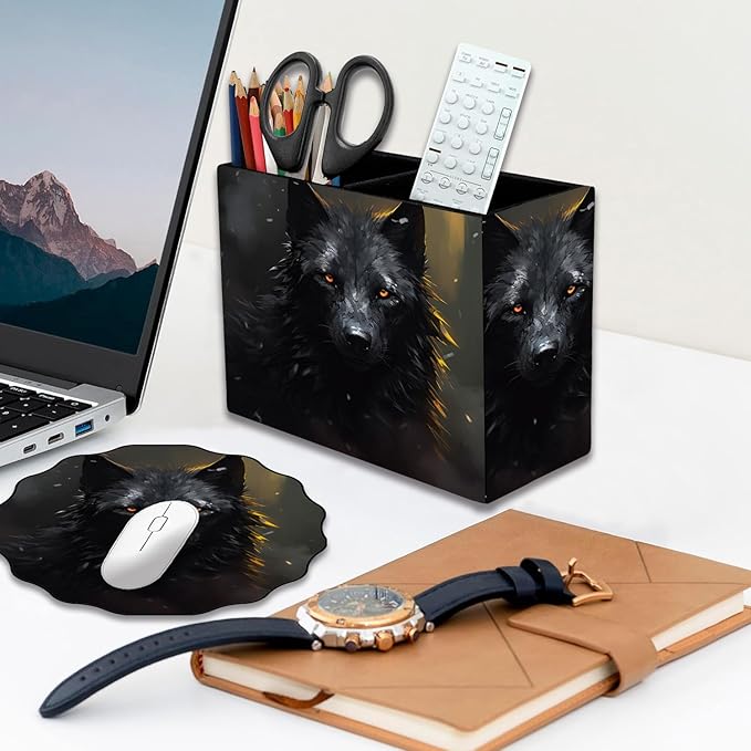 Pen Holder and Anti-Slip Mouse Pad Combination, Makeup Brush Storage Box, Tableware Storage Box, Suitable for Office and Home - Black Wolf