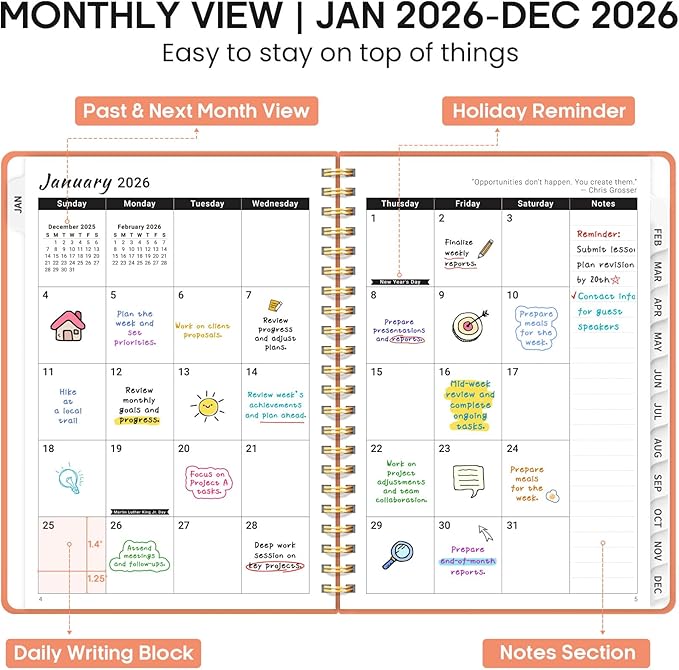 2026 Planner, Weekly and Monthly Calendar Planner Book, January 2026 - December 2026, Hardcover Spiral Planner with Monthly Tabs, Notes Pages, Perfect for Women & Men, A5 (6.4" x 8.5") - Coral