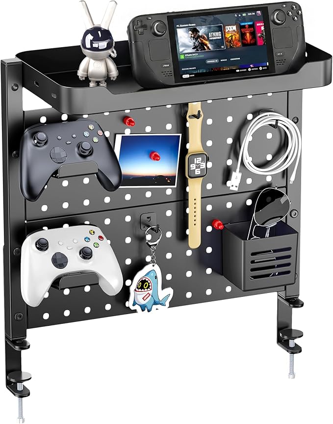 ARES WING Desk Clamp On Pegboard with 16 inches Organizer Shelf, Adjustable Above or Under Desk Storage Shelf Holds 44 lbs, Magnetic Metal Peg Board for Office and Gaming Accessories, Black