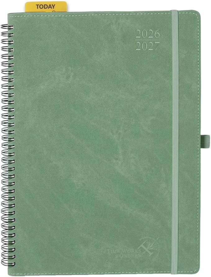POPRUN 2026-2027 Planner Weekly and Monthly, Large Size 8.25" x 11.75", July 2026 to June 2027, Spiral Bound Calendar with Hourly Time Slots, Vertical Layout, Leather Soft Cover, Notes Pages - Midnight Green