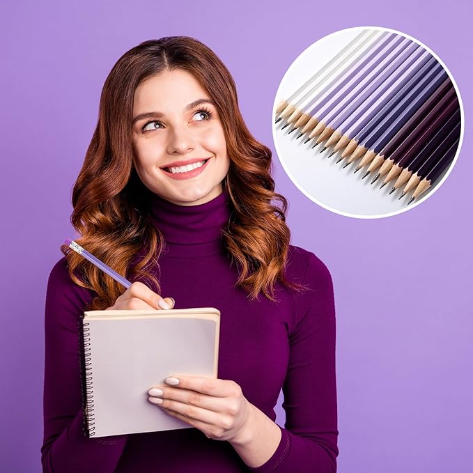 TecUnite 60 Pcs HB Pencils #2 Unsharpened Wood Cased Pencils with Eraser Hexagonal Pencil Cute Graphite No 2 Pen for Adults Gifts Exam School Office Sketching Learning(Purple Series, White)