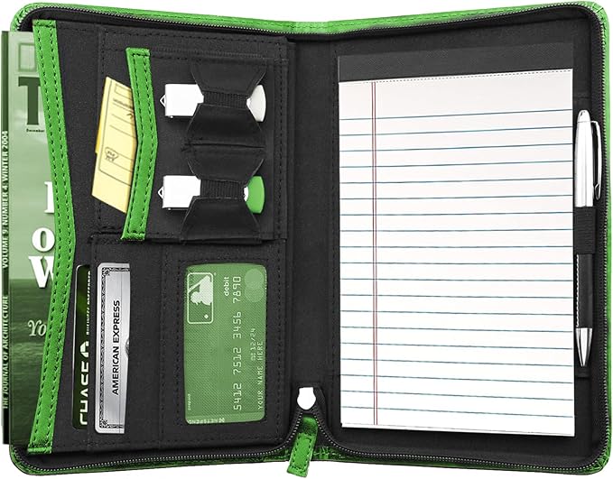 Junior Padfolio/Resume Portfolio Binder with Refillable Lined Notepad, A5 Padfolio Folder, Business Portfolio, Multi-Function Case, A5 Writing Pad Included,Green