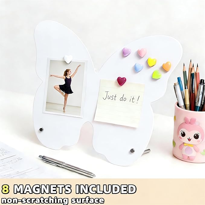 2 Pcs Magnetic Board, Magnet Message Board, 10.6"x8.2" Metal Magnetic Bulletin Board with 50 memo Sheets and 8 Magnets, Magnet Display for Home, School, Kitchen, Office(Butterfly, White)