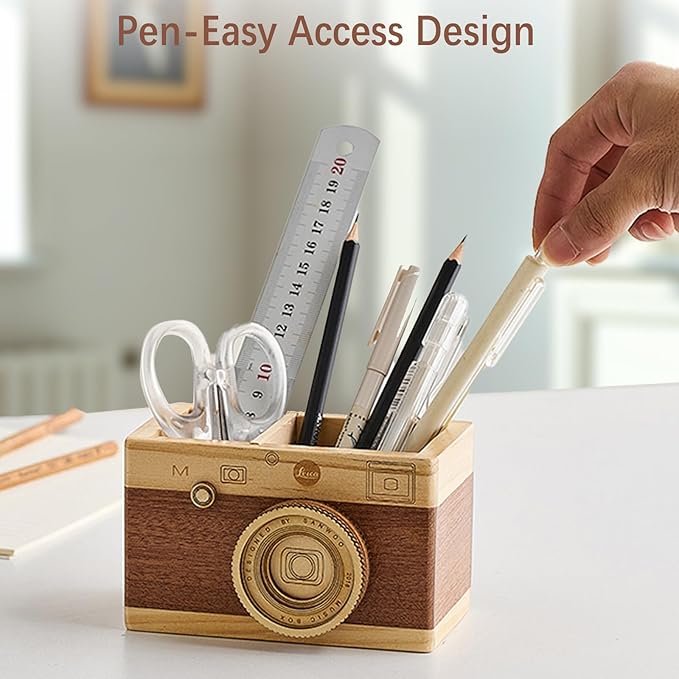 Vintage Wooden Camera Pencil Holder – Retro Desk Organizer for Pens & Stationery, Unique Photography Gift for Photographers, Creative Wooden Pen Holder for Office & Home Decor (Single slot)