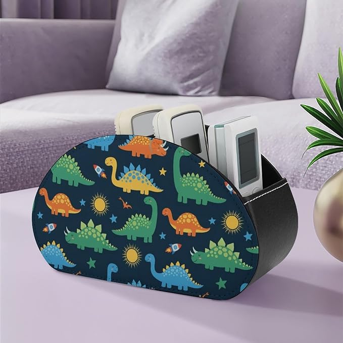 PU Leather Remote Control Holder with 5 Compartments, Desk Organizer for TV Remotes, Office Supplies, and Bedside Table Storage, Dinosaurs