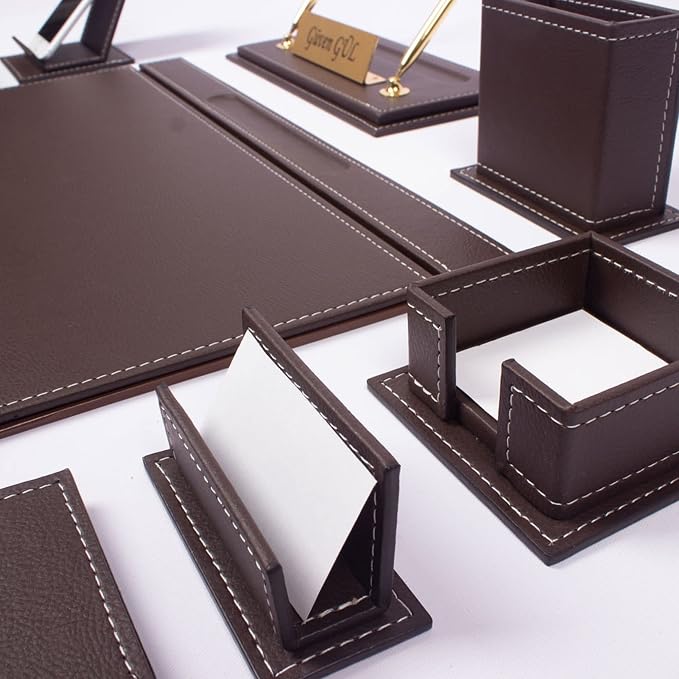 Leather Desk Set-Desk Office Accessories-Office Organizer- Home Office Accessories - Desk Supplies - Desk Storage Organizer -Desk Pad-Storage-12 Pieces -12 PCS(Brown)