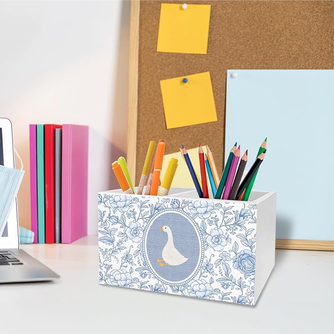 Goose Blue Chinoiserie Floral Pen Pencil Holder for Desk, Goose Nursery Decor, Vintage Blue Flower Geese Wooden Box Sign Desk Decor for Kids Girls Room Nursery Playroom Decoration