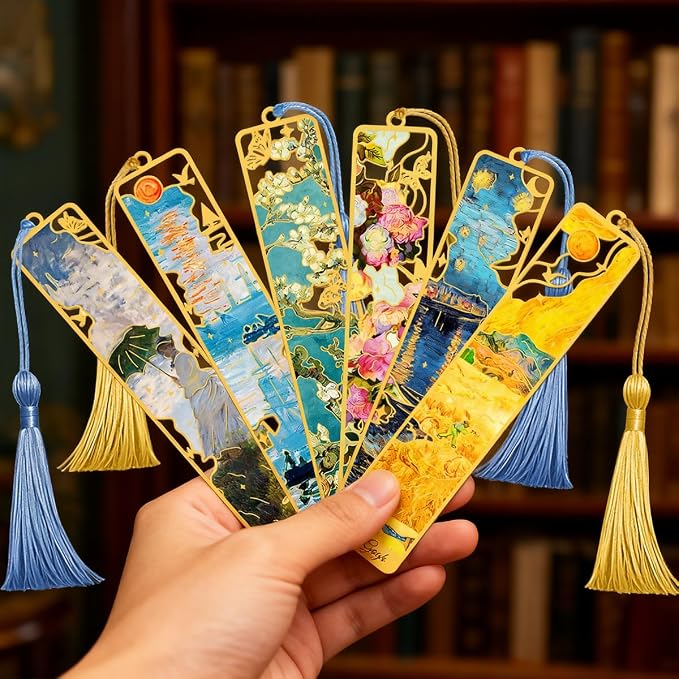 Kinsound Metal Bookmarks with Tassel, Golden Van Gogh Monet Oil Painting Theme Cute Hollow Book Markers for Reading Women, Teachers, Students, Reading Accessories Gifts for Book Lovers (Style B(6PCS))