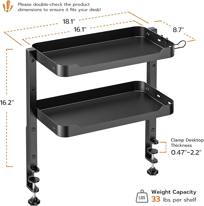 ARES WING 2-Tier Clamp On Desk Shelf, 16 inch Adjustable Above or Under Desk Storage Shelves Holds 66 lbs, Heavy Duty Desktop Organizer with Headphone Holder for Working and Gaming Accessories, Black