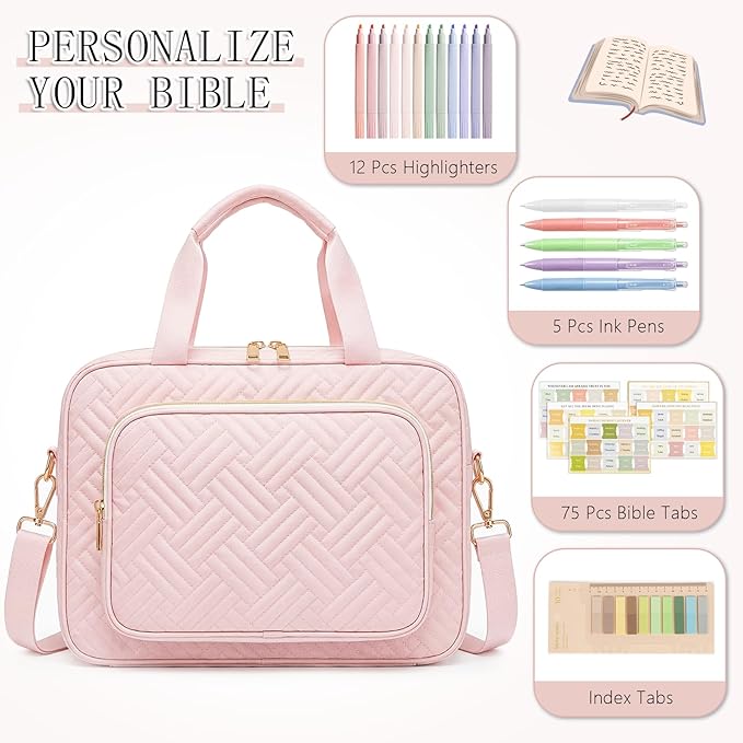 Bible Bag for Women, Large Bible Cover Case with Study Supplies,Girls Carrying Case with Highlighters, Pens, Bible Tabs, Sticky Notes, Christian Gifts for Girls, Mom, Easter Mothers Day Religious Gift