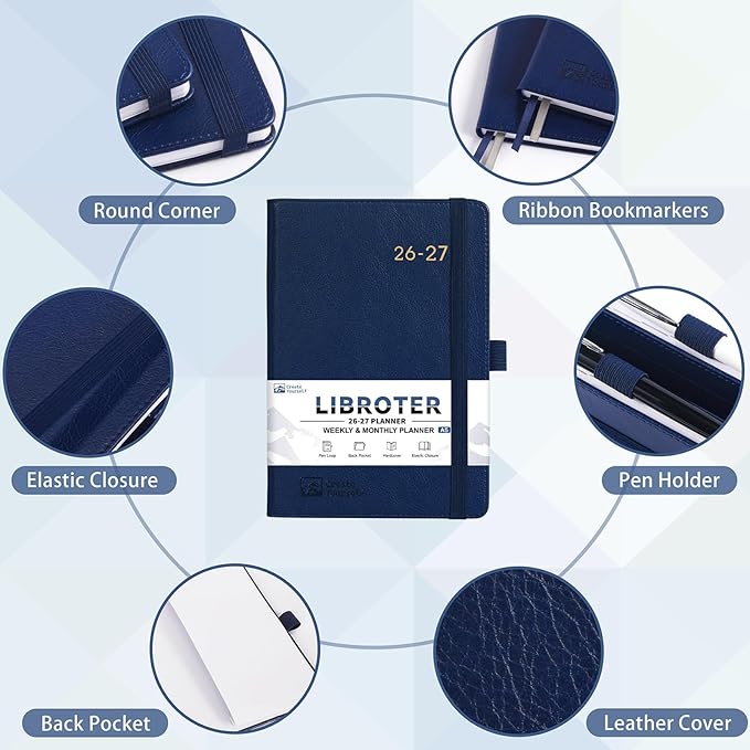 2026-2027 Planner - Academic Planner 2026-2027 Weekly Monthly Planner, July 2026 - June 2027, 5.7'' x 8.4'', Thick Paper, Leather Cover, Pen Holder, Back Pocket, Perfect Daily Organizer - Navy Blue